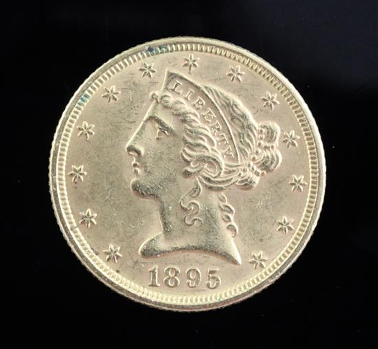 A United States of America five dollar gold Half Eagle, 1895, 8.3g, NEF